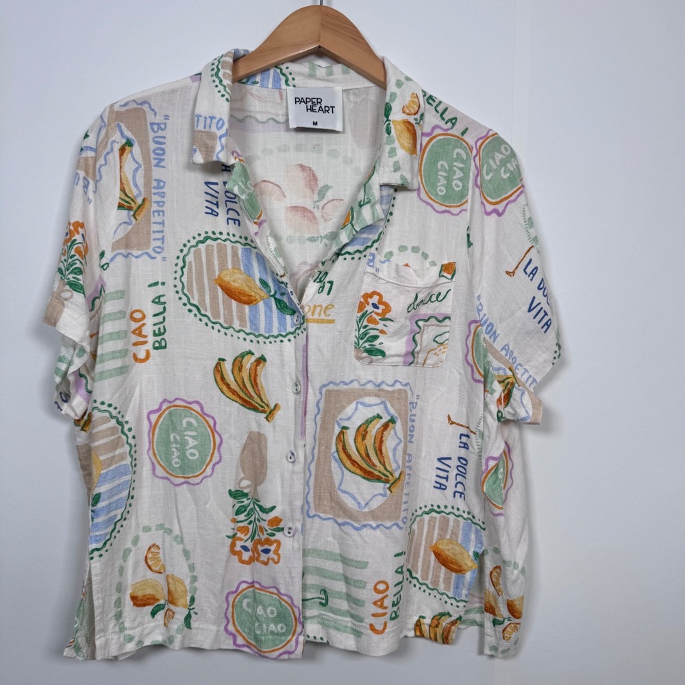 Paper Heart Women M Italian Novelty Linen Rayon Button Shirt Coastal Resort Ciao
